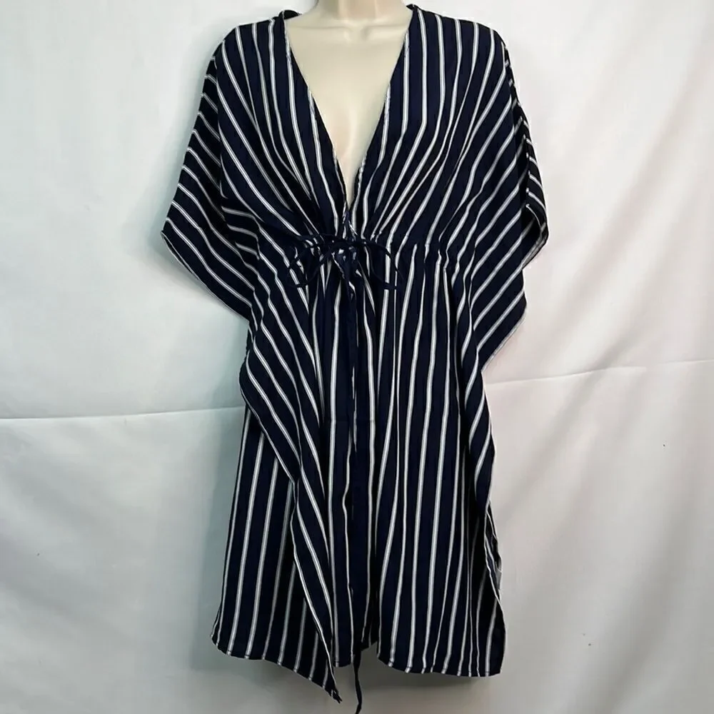 AvidLove navy blue and white striped swim cover up. Size small NWT